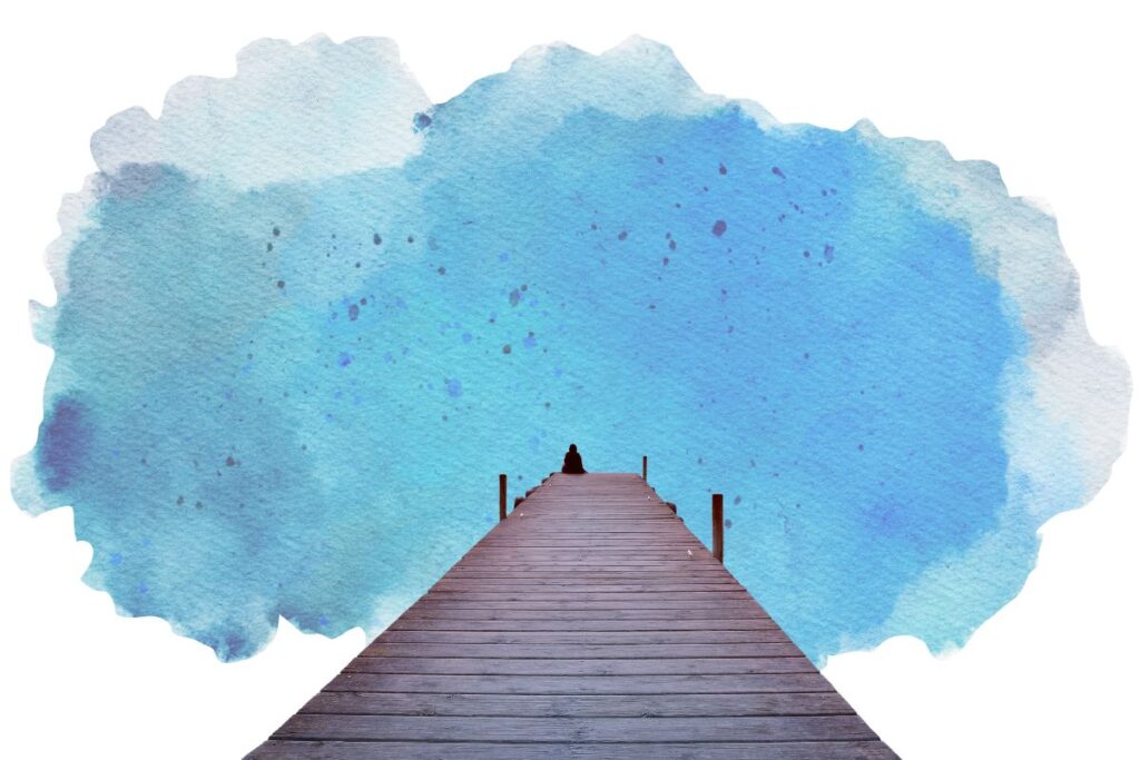 Symbolbild: Angekommen im Schmerzstillstand, hier: am Ende eines langen Stegs. Blick in eine blaue Wolke. Einsamkeit. 