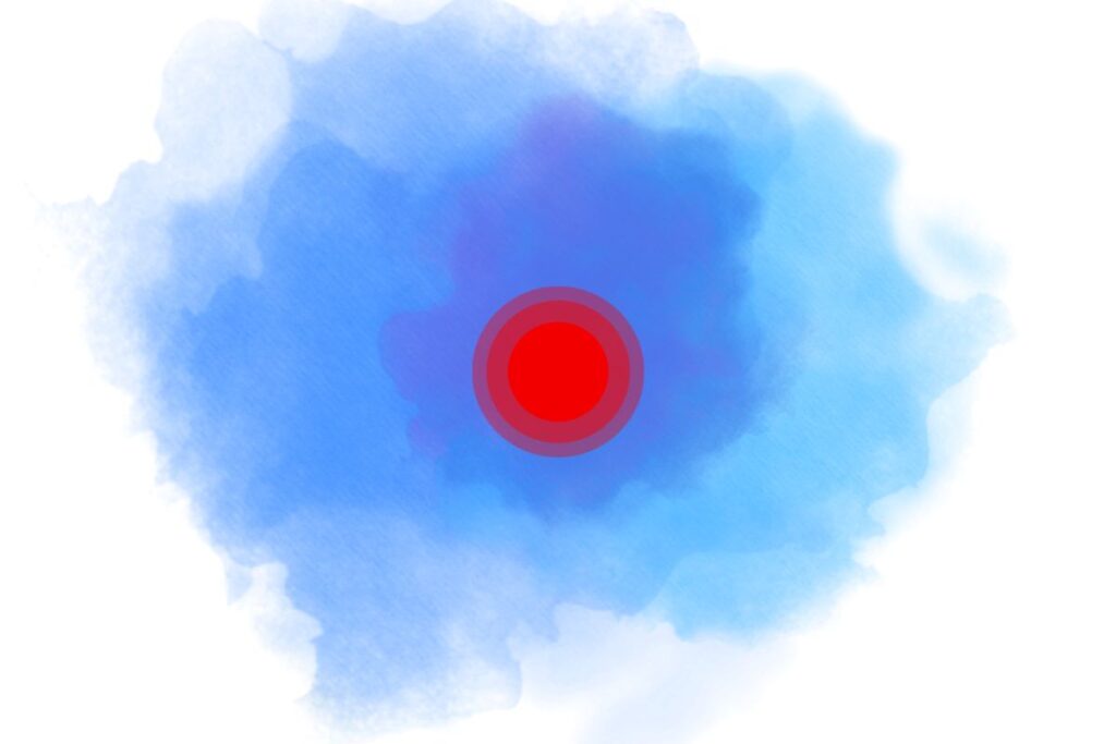 Symbolbild - illustrativ für Schmerz: Ein roter, auisstrahlender Punkt auf einem blauen Hintergrund. 